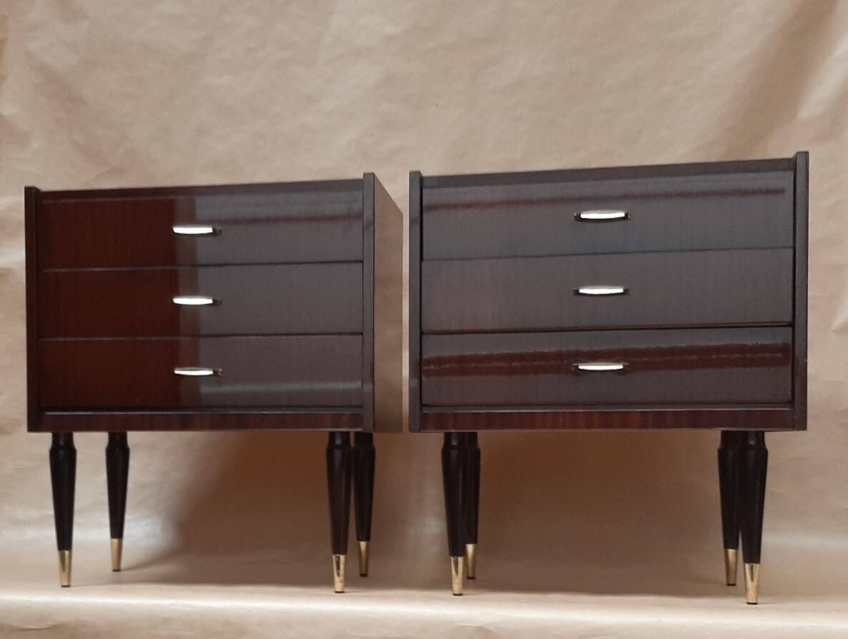 Pairs of old bedside tables from the 1960s and 70s.