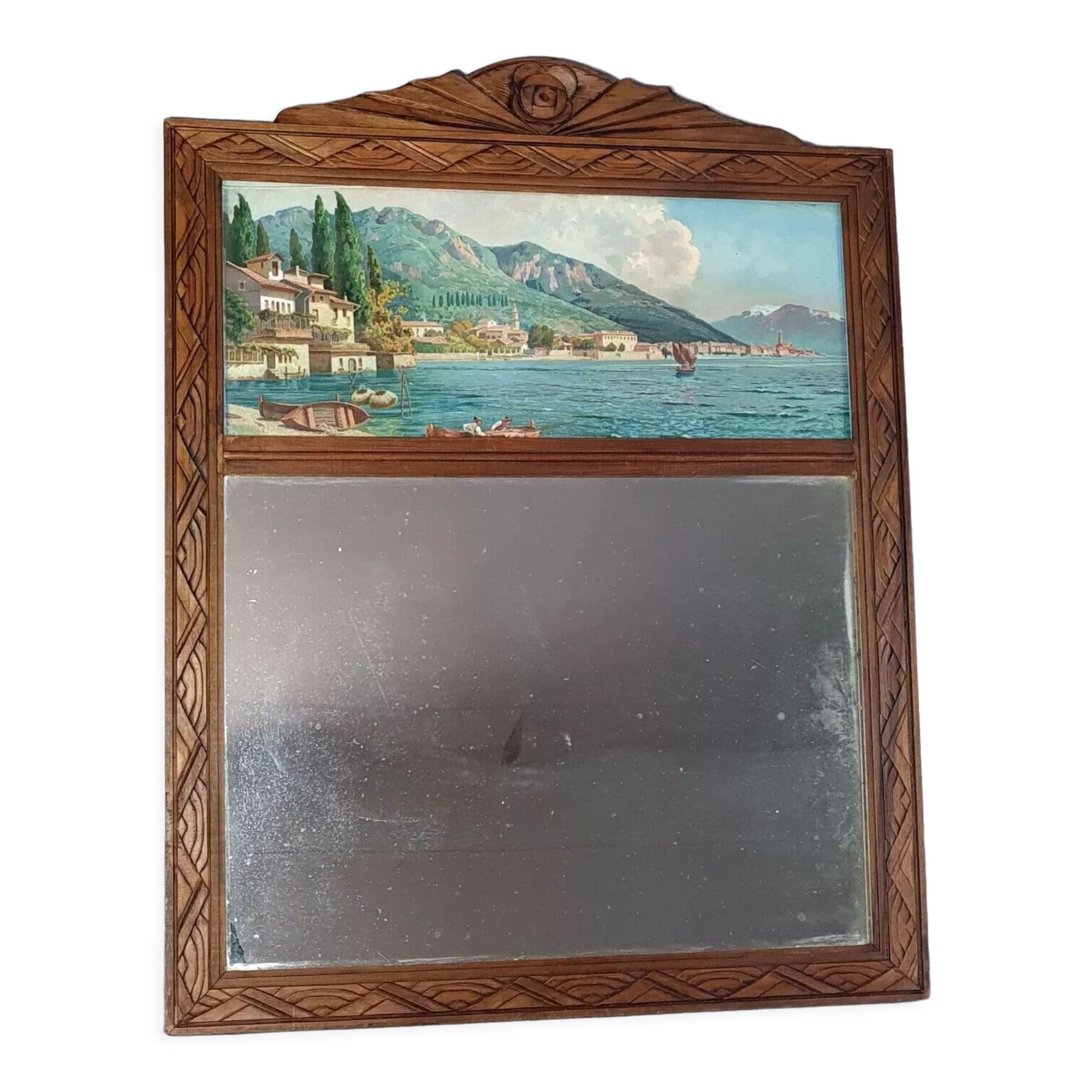 Mirror in frame art deco carved wood waxed 58x46 cm sb