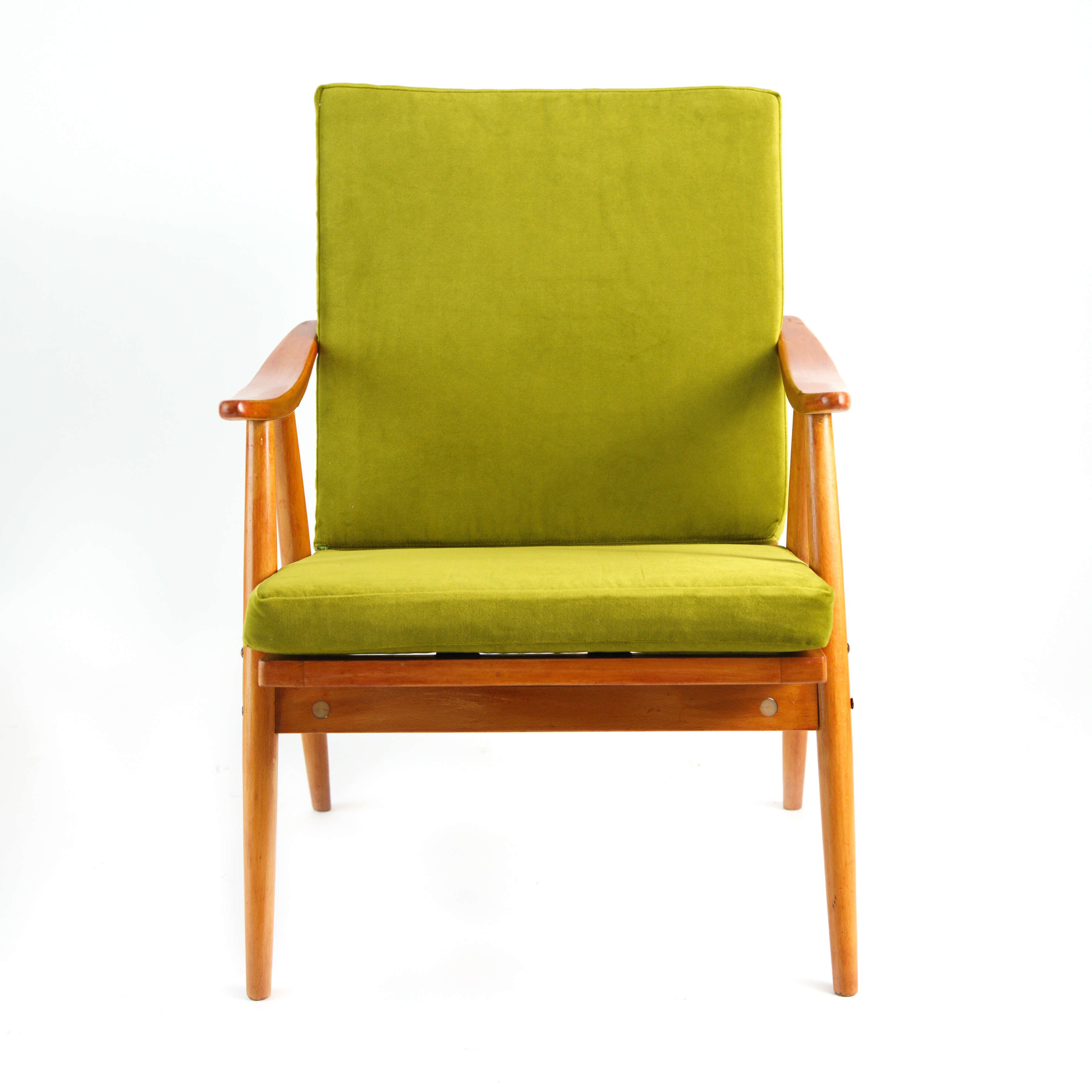 Green vintage armchair, Cal velvet fabric, solid wood 60s / 70s