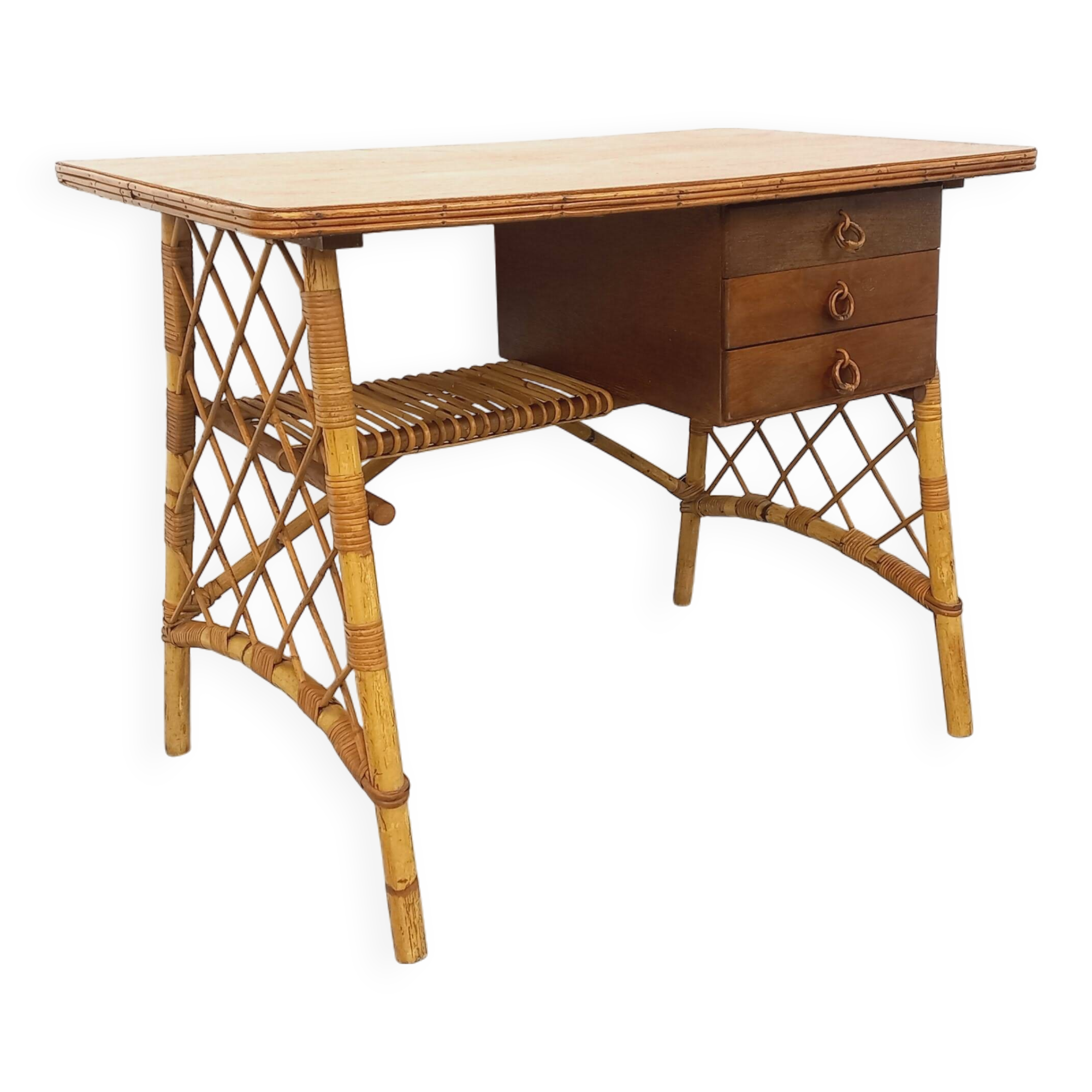 Vintage Louis Sognot desk in rattan and wood from the 1960s