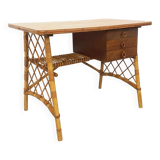 Vintage Louis Sognot desk in rattan and wood from the 1960s