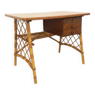 Bureau vintage de Louis Sognot en rotin et bois des années 60