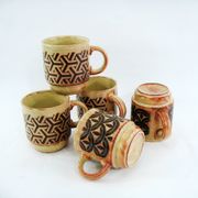 5 beige and fawn stoneware mugs - brown geometric decor - made in England - vintage 70s