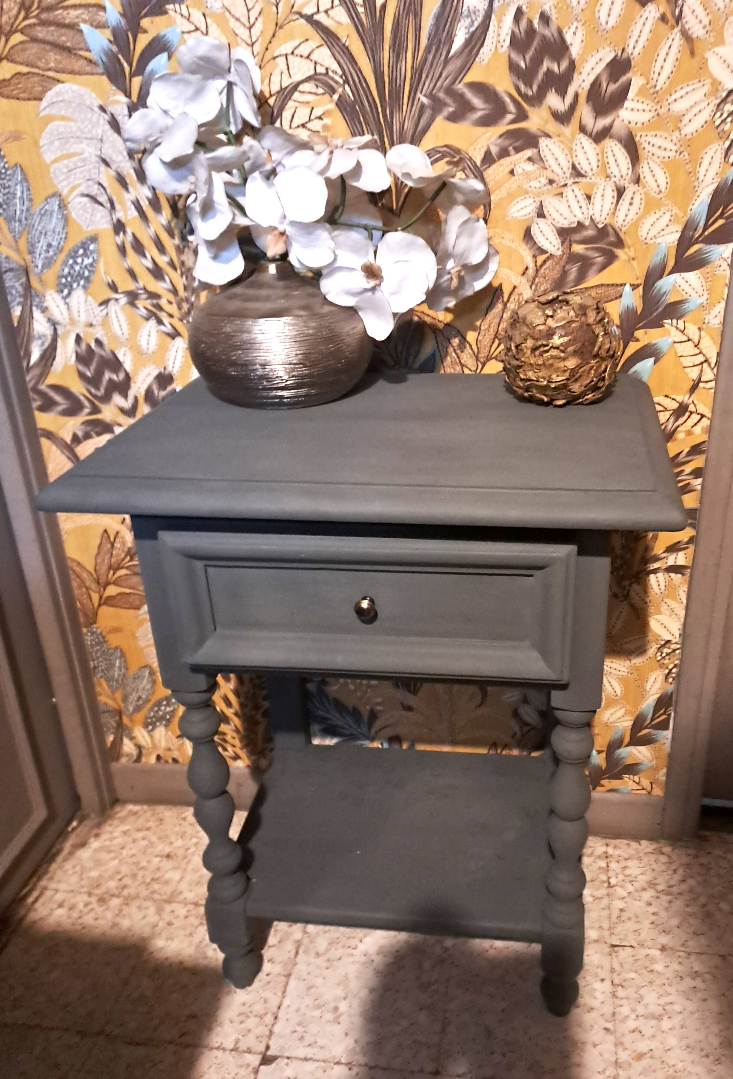 Restored 1900 bedside table in solid wood painted in Gustavian grey