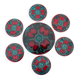 Vintage Jersey Pottery Coaster Set, 1970s Ceramics, Red & Aqua Blue Pattern