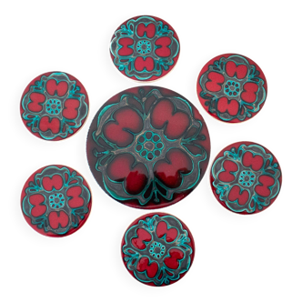 Vintage Jersey Pottery Coaster Set, 1970s Ceramics, Red & Aqua Blue Pattern