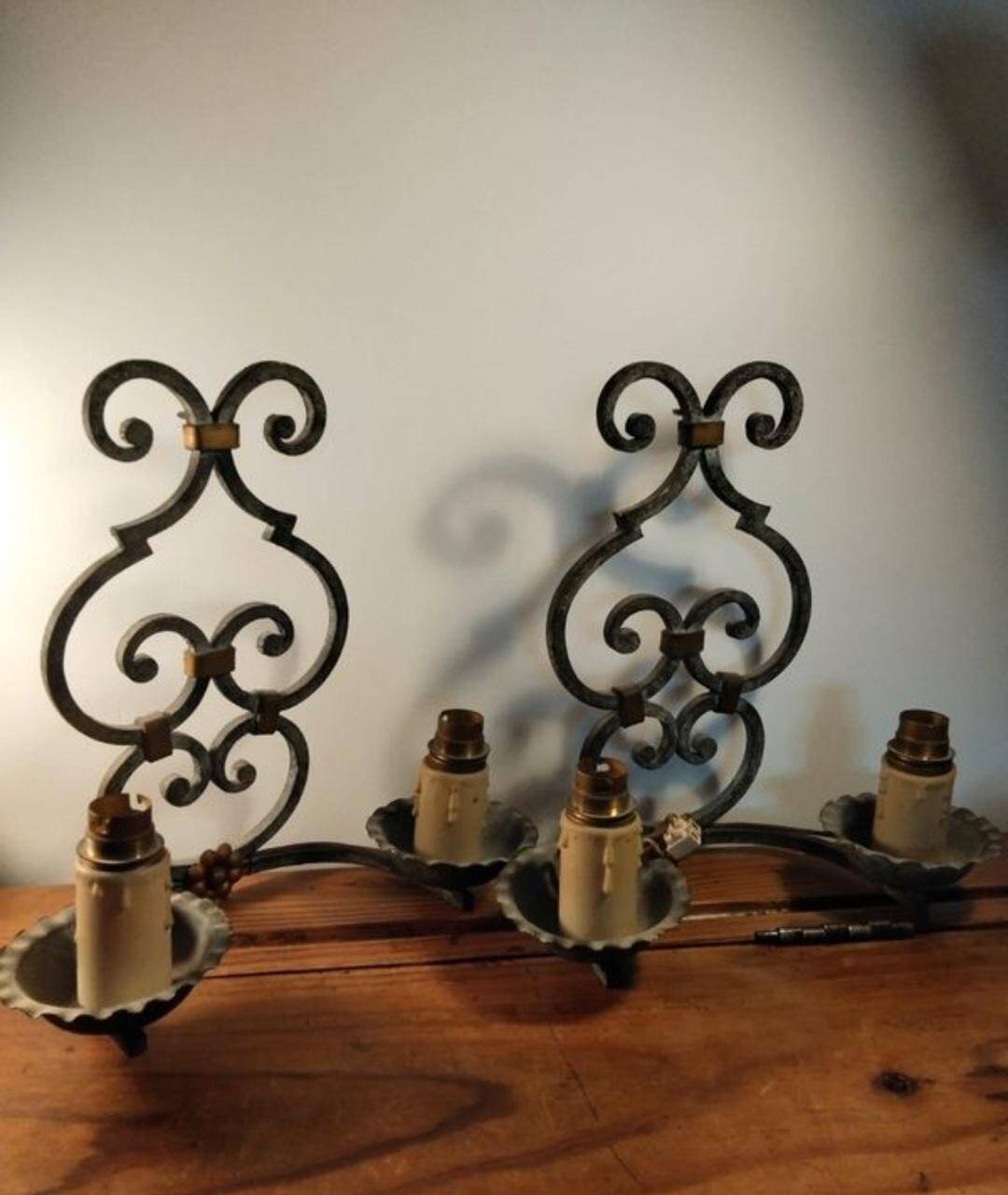 Pair of antique wrought iron wall lights gilbert poillerat baroque 1940
