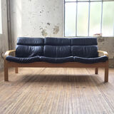 Danish sofa and armchairs curved wood and leather