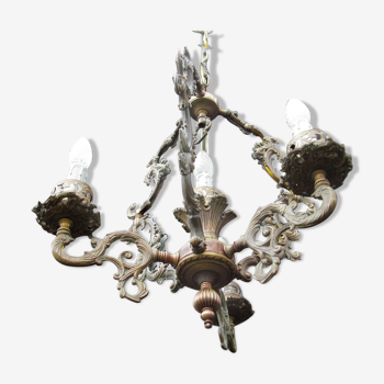 Italian Vintage patinated bronze chandelier with 4 lights with a beautiful wow patina