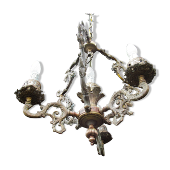 Lustre italien vintage en bronze patiné avec 4 lumières avec une belle patine wow
