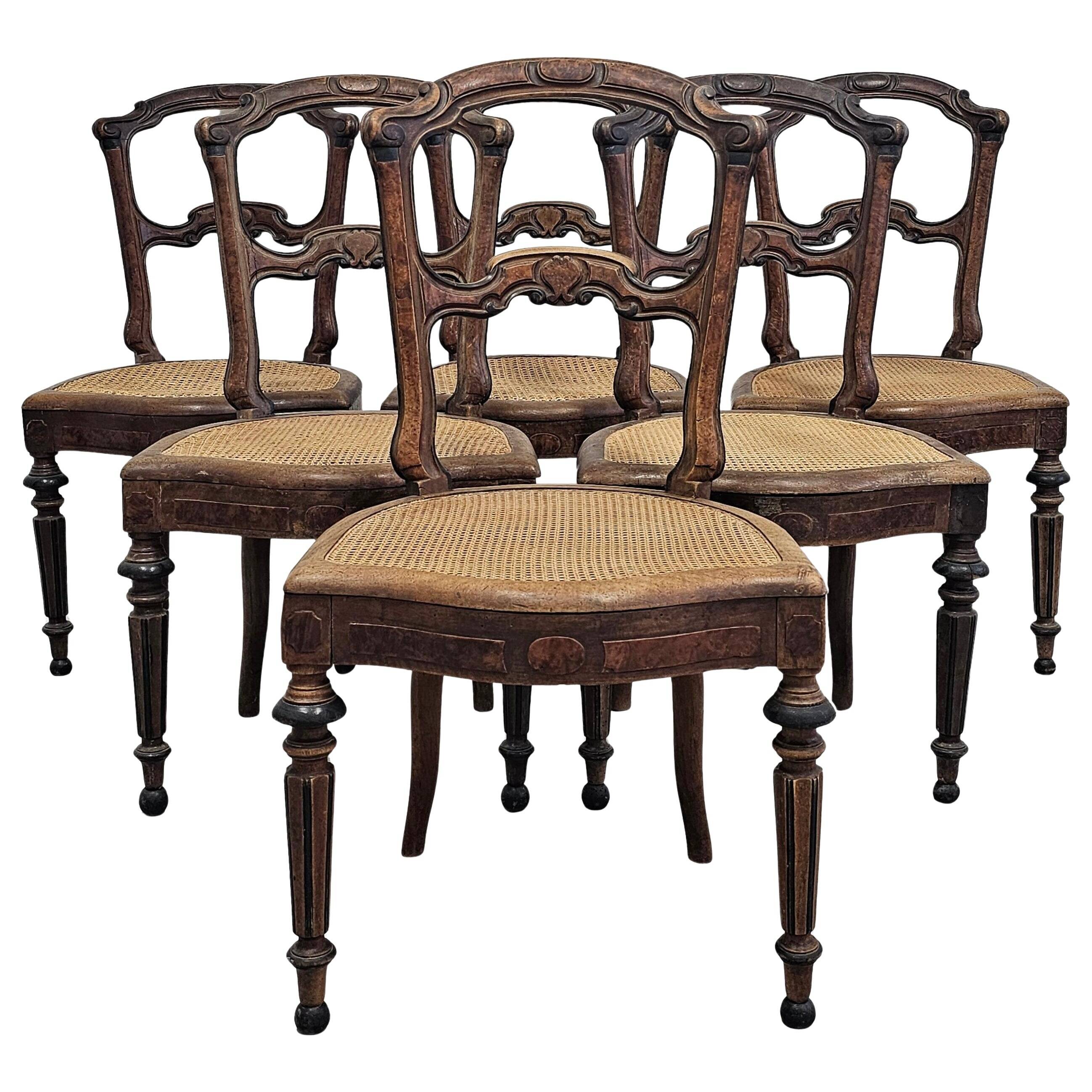 Set of 6 antique dining chairs in solid walnut, cane seats, 19th century.