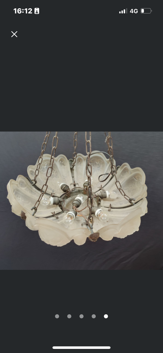 Art Deco chandelier 6 plates pressed glass bronze