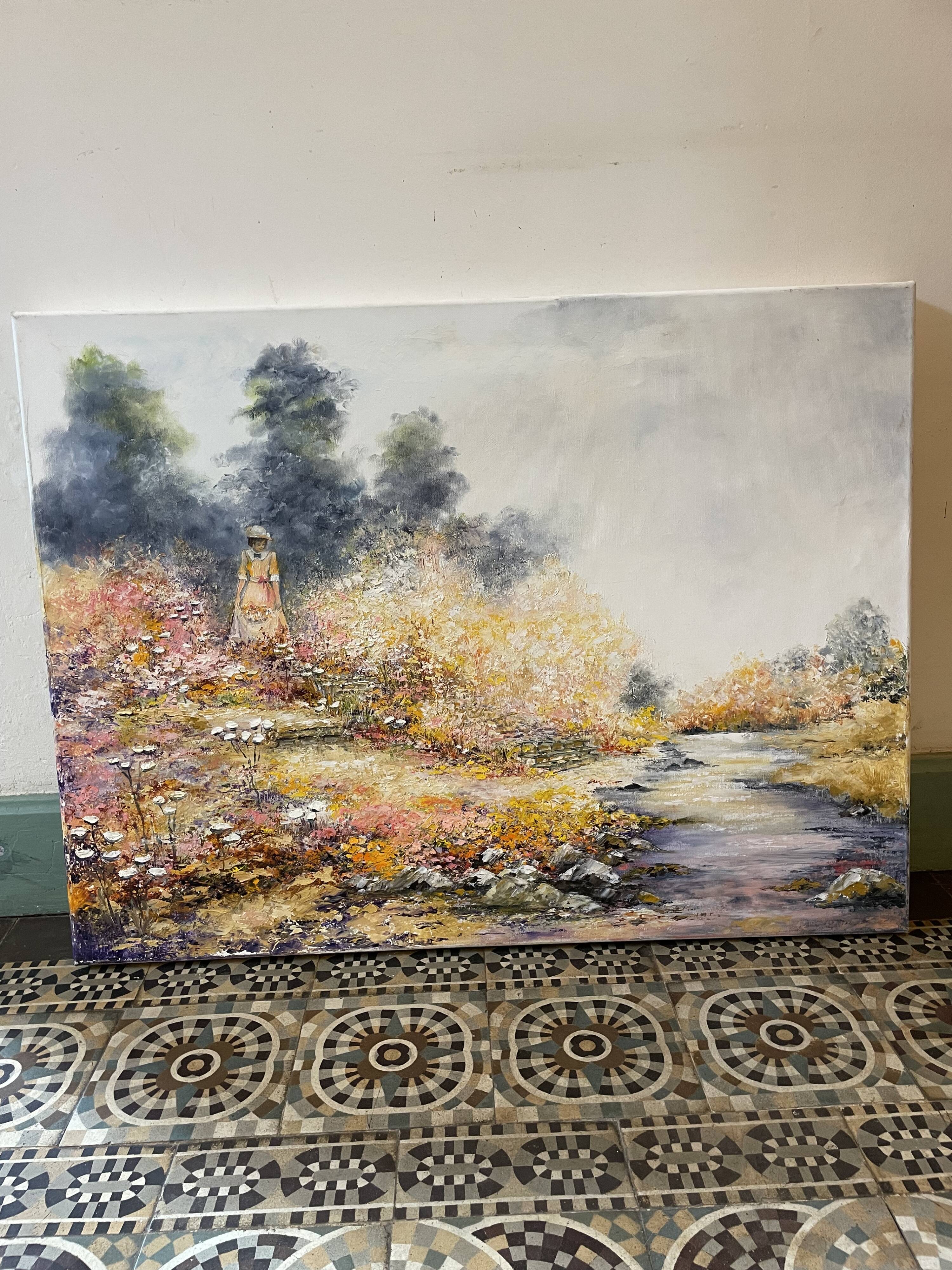 Animated landscape painting oil on canvas signed