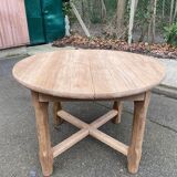 Renovated round extendable farmhouse dining table in solid oak 110-155cm.