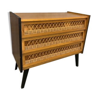Ancienne commode chêne et rotin 1960