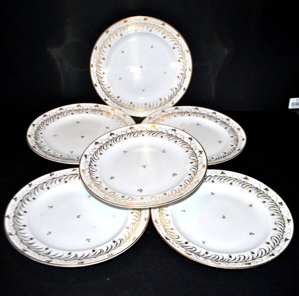 Niderviller lot de 6 assiettes Empire et soupière en porcelaine dure décor blé peint or 1790