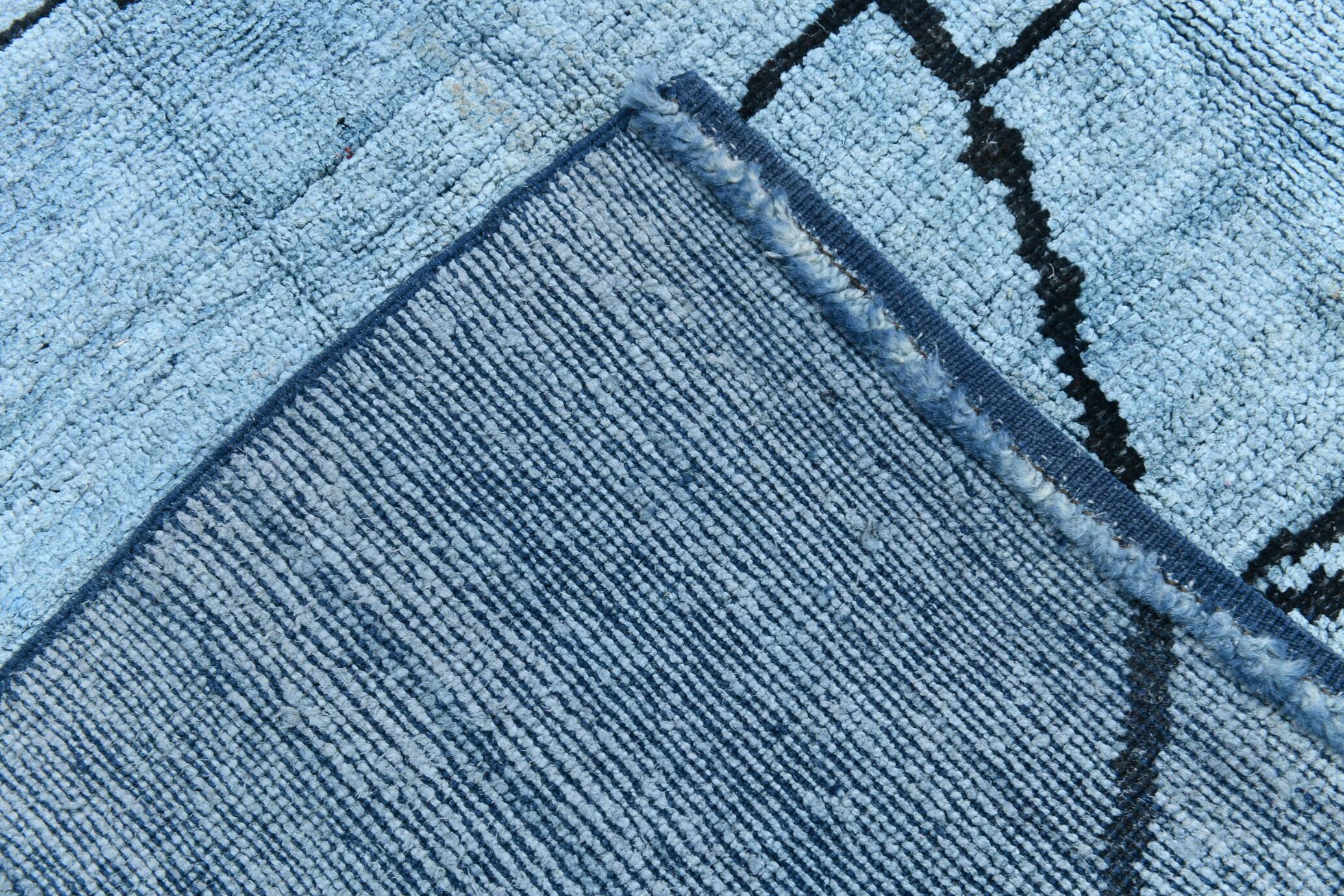 Sky Blue Wool Rug, Modern Handmade Designer Vintage Carpet, 213x281 Cm