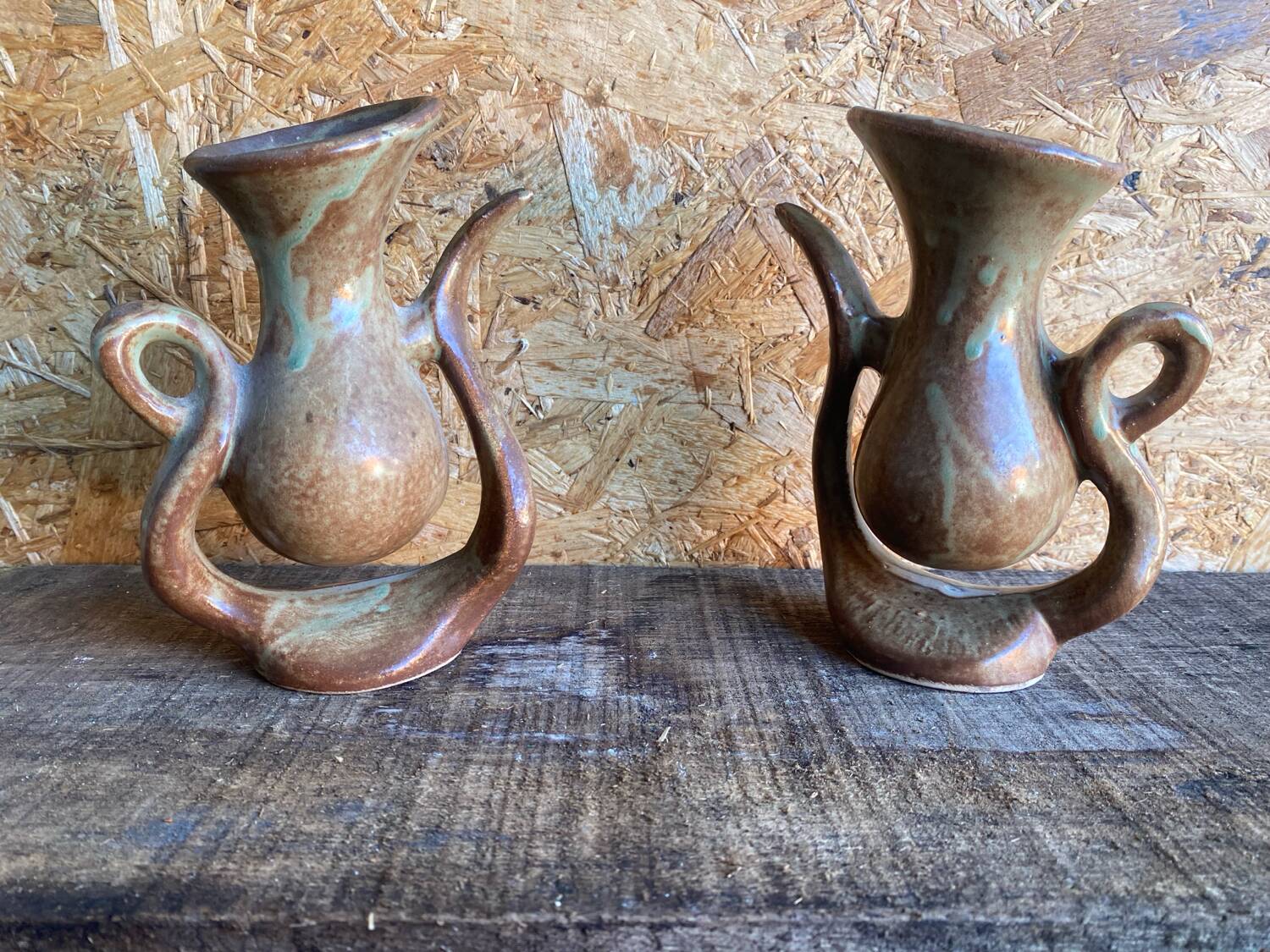 Pair of Beige Ceramic Soliflore Vases Vintage France #D889