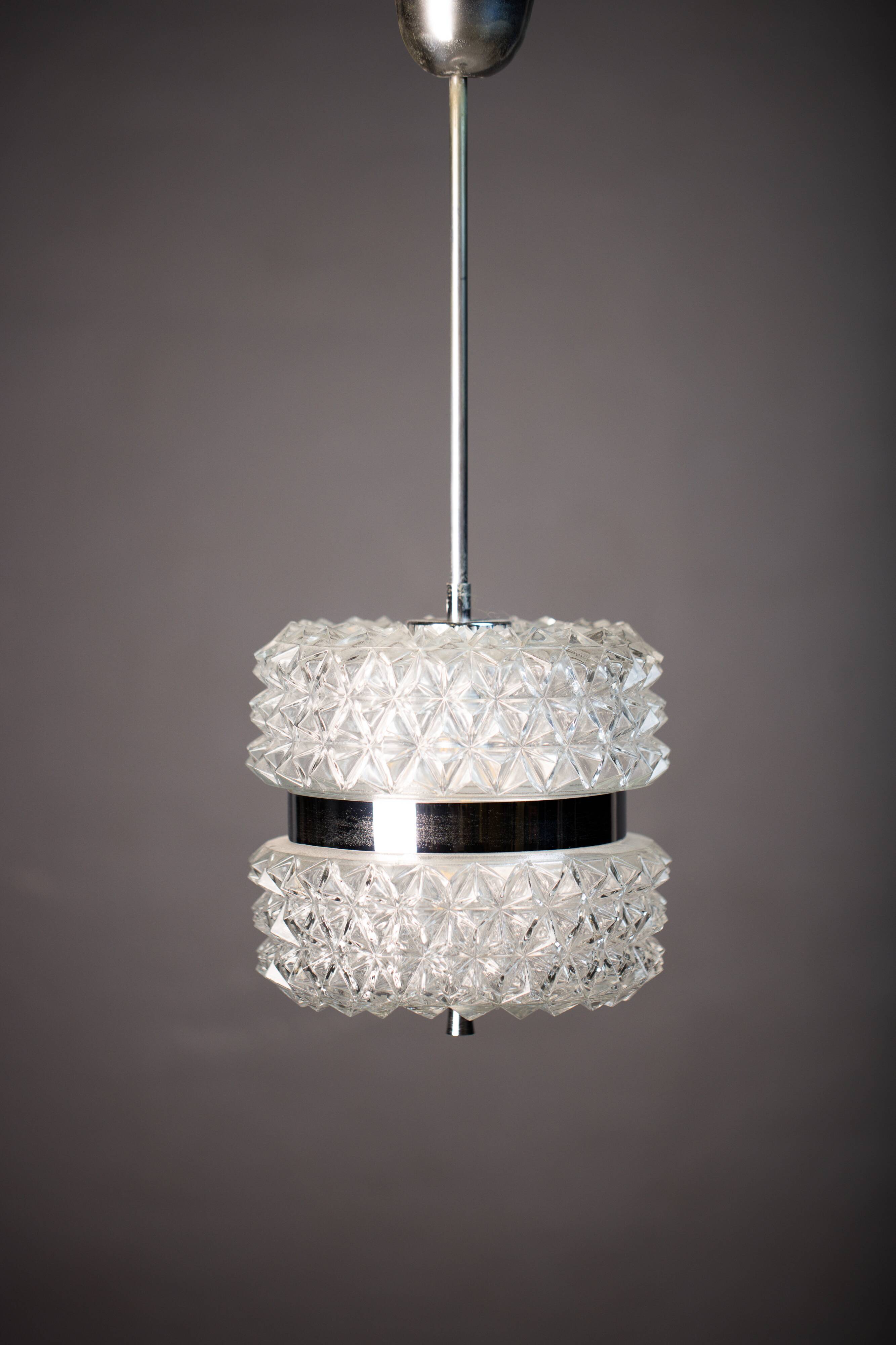 Vintage Crystal Glass Chandelier: Mid-Century Modern Austrolux Pendant Ligh