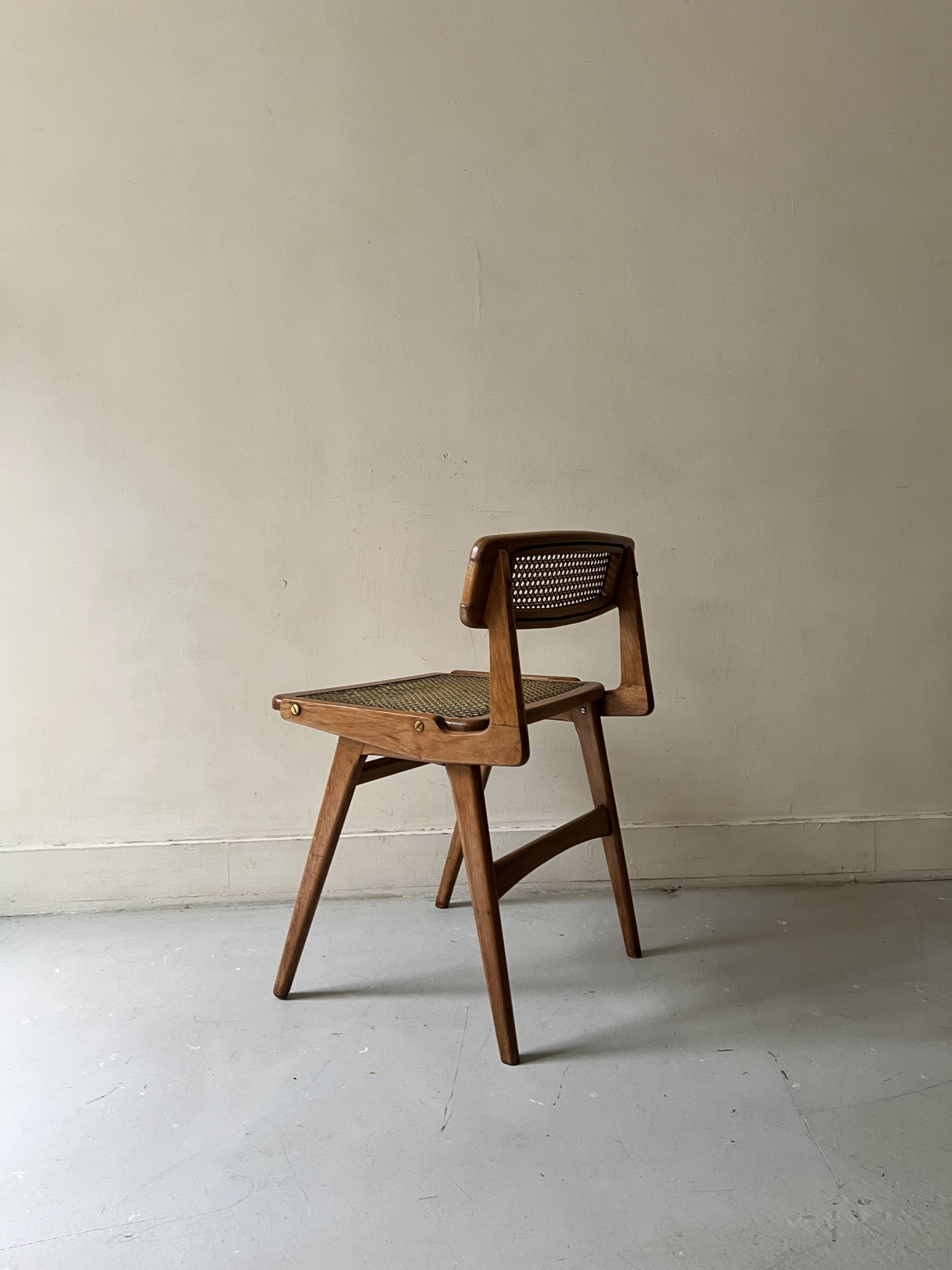 Teak wood and cane chair design, SNA Roset / Landault 1950-60