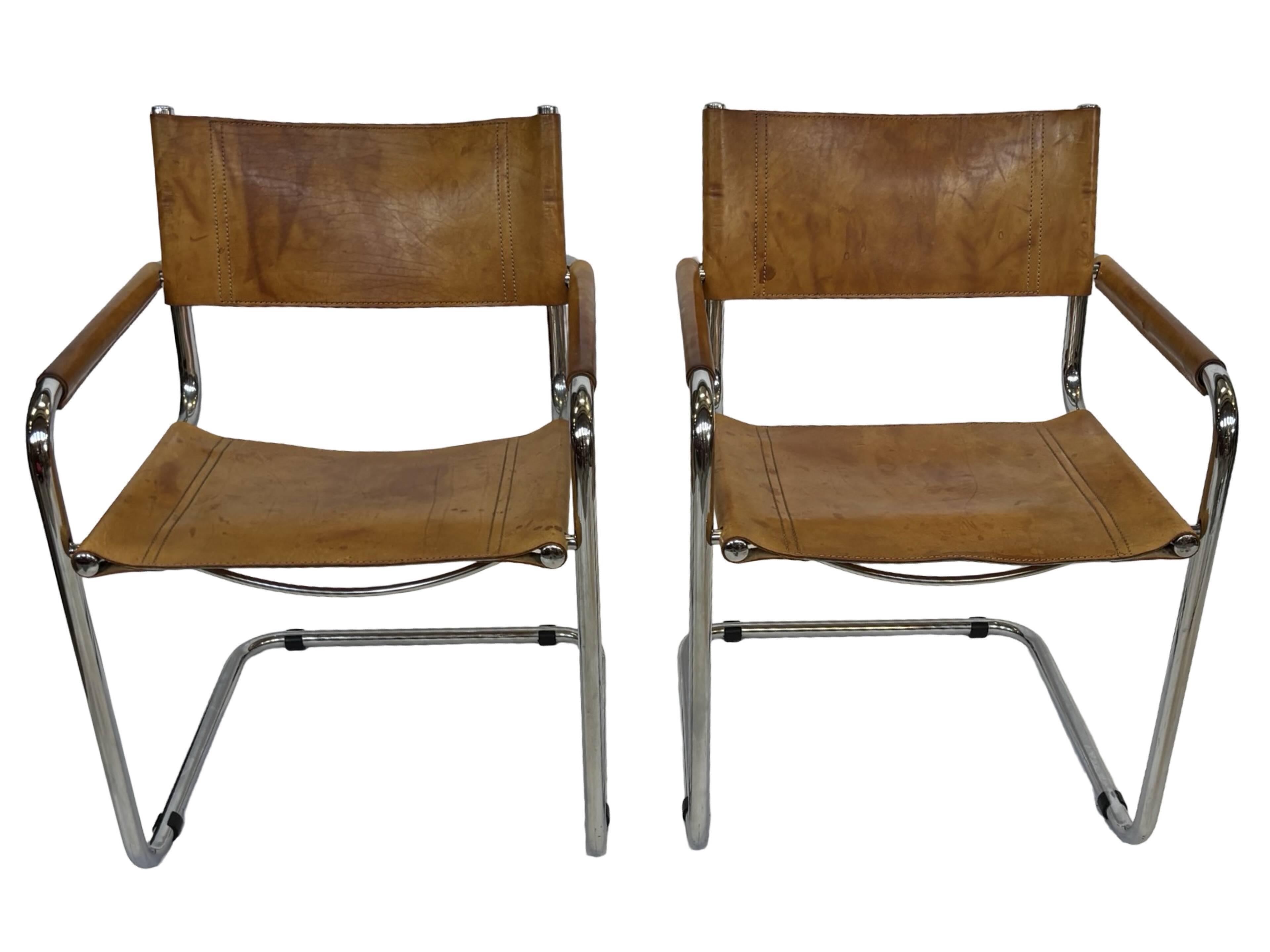 Ensemble de quatre fauteuils de salle à manger FASEM S34 en cuir Cognac par Mart Stam années 80