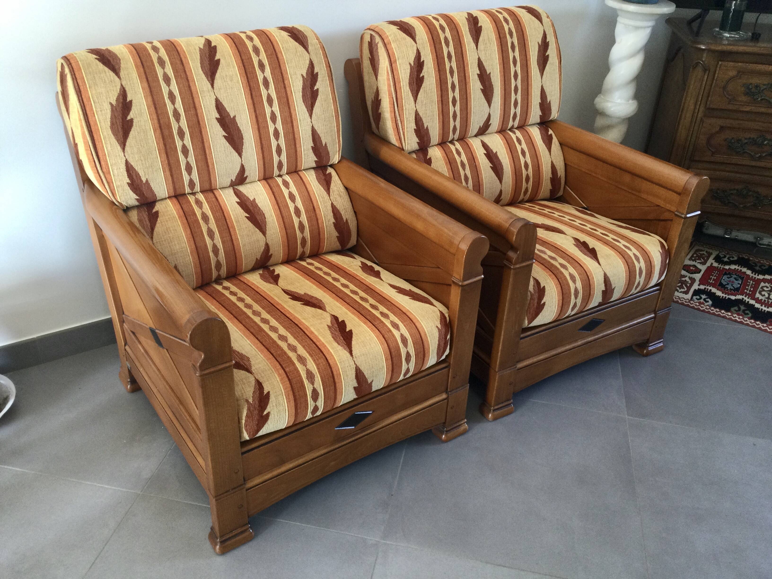 Jacques Leleu - Pair of Armchairs in Cherry Wood