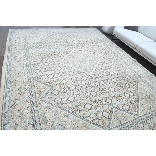 1970s Vintage Persian Handmade Wool Cotton Beige Area Rug 287x384