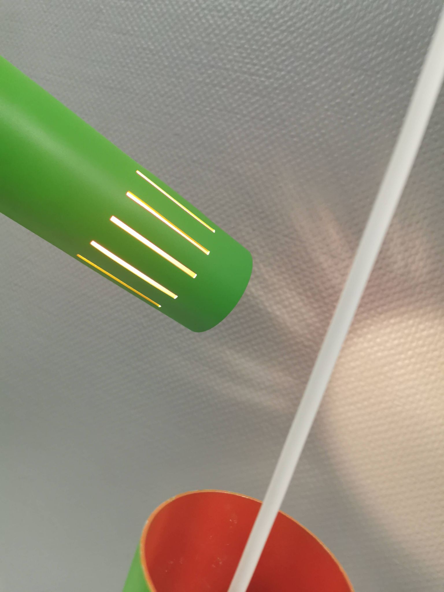 Trombone hanging lamps, refurbished, repainted in beautiful green colours
