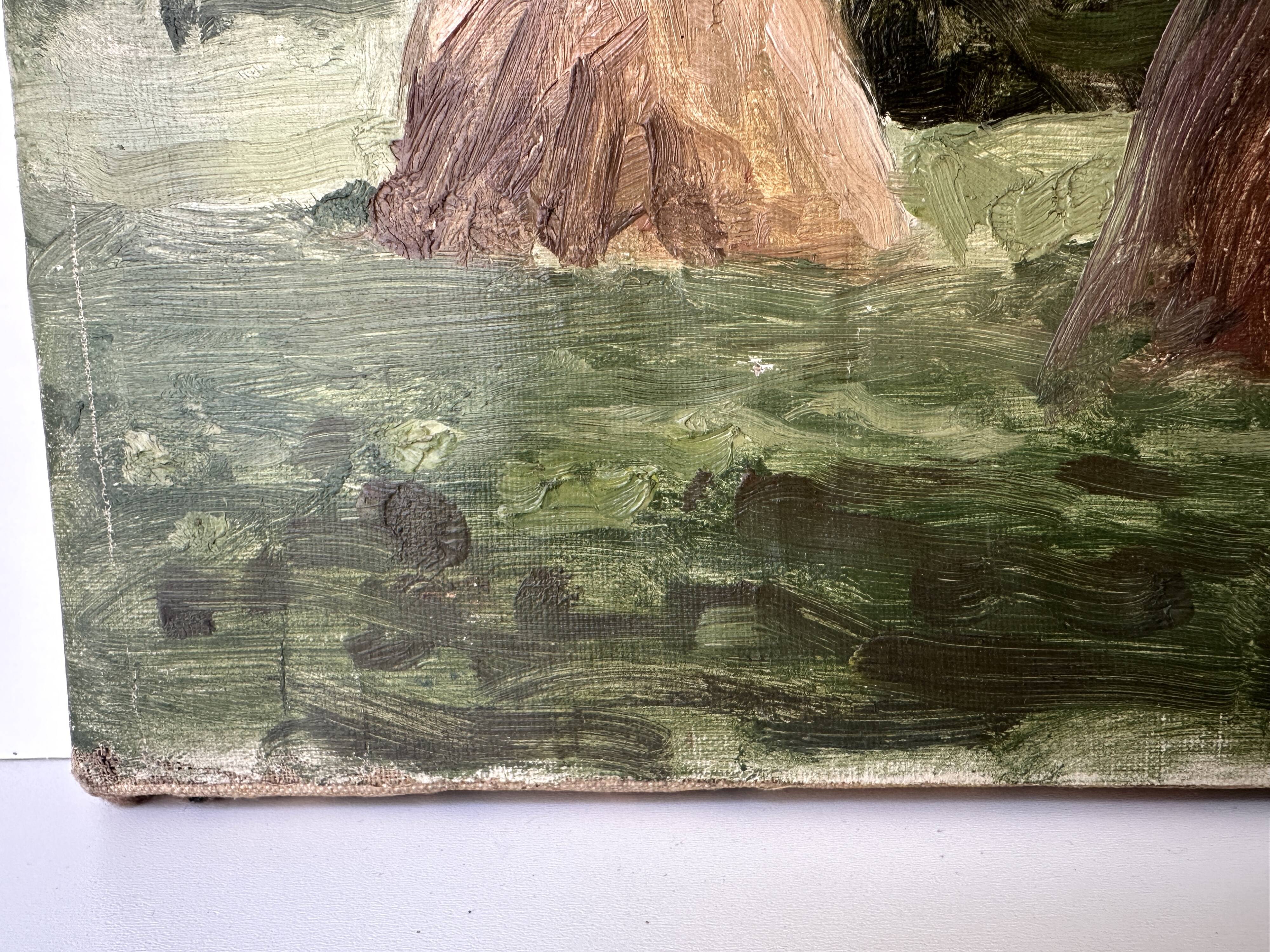 Old oil painting on canvas "The Haystacks" dated 1902.