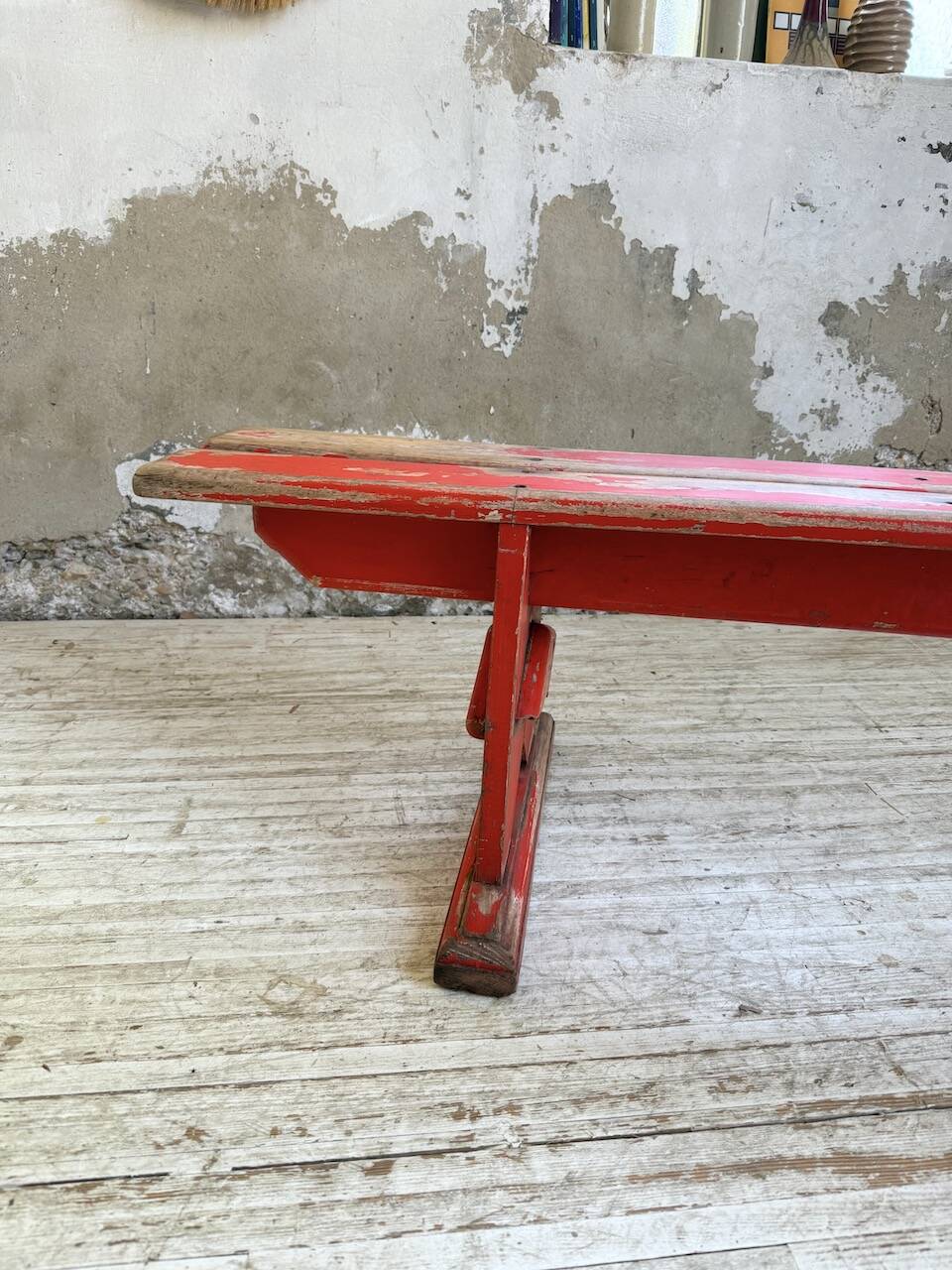 1950s oak bench with red patina, 2m