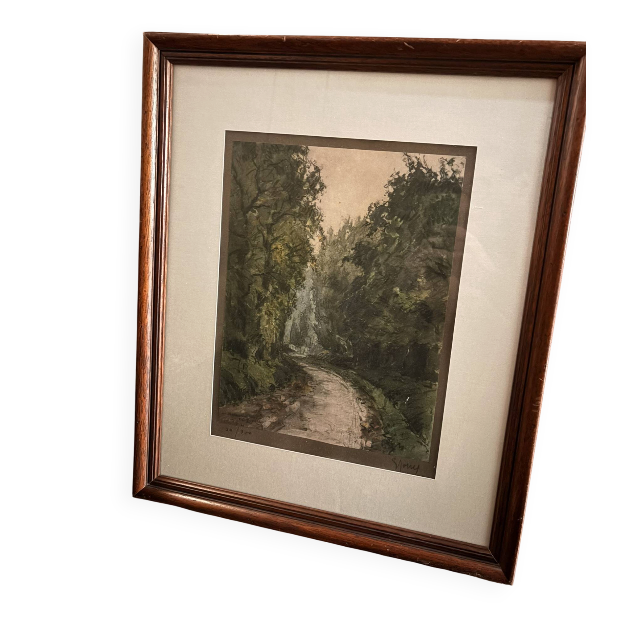 Enhanced Lithographic Engraving Path Under Wood Forest Tree Landscape Gilded