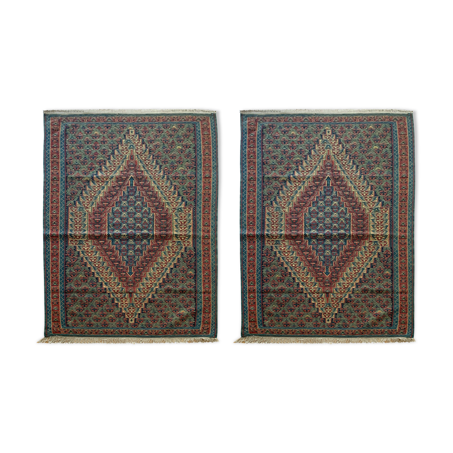 Pair of blue & green silk and wool kilims handmade persian rugs