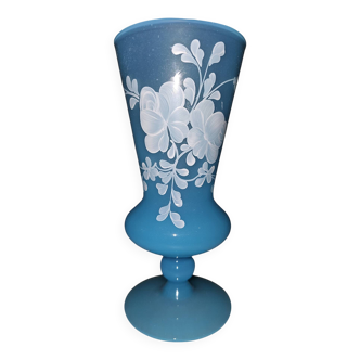 Blue Opaline Vase with White Floral Enamel Decor