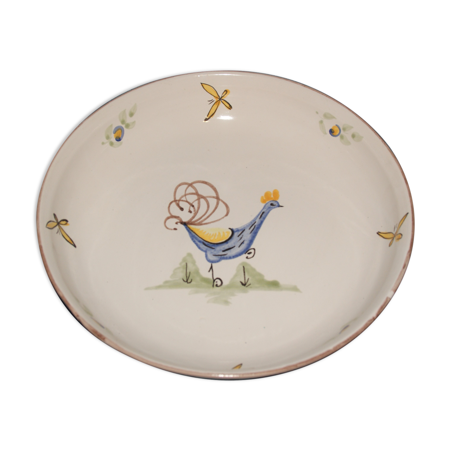Large dish with rooster decoration, signed