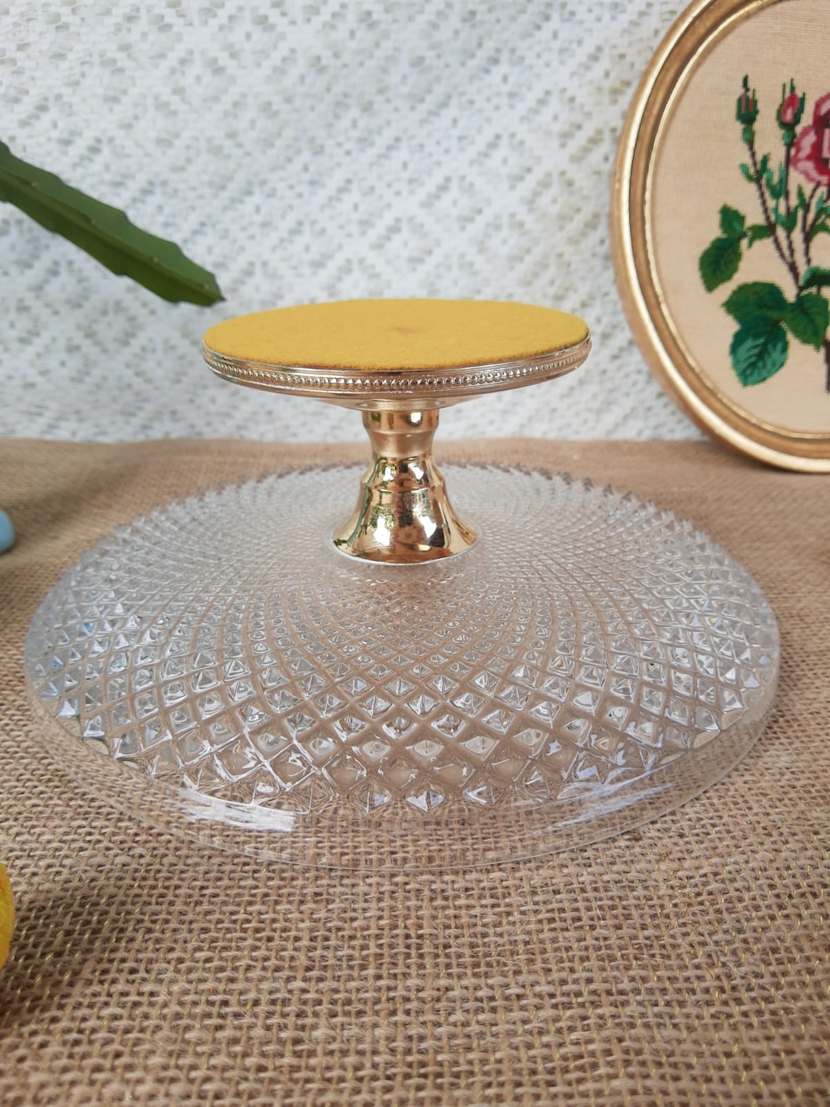 Glass and gold metal cake display - vintage