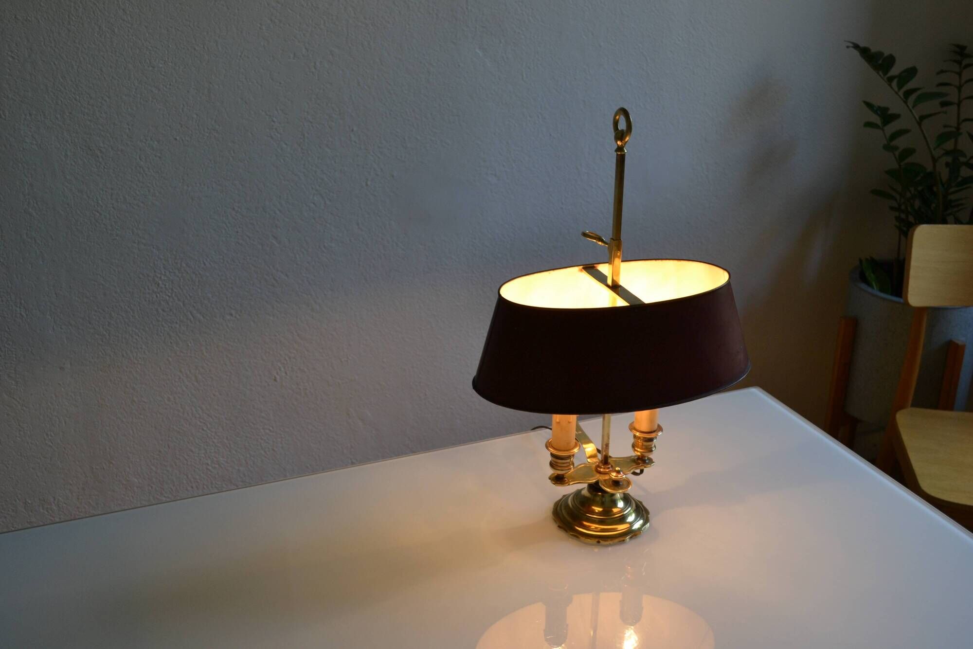 hot water bottle lamp with 2 bronze lights and burgundy sheet metal lampshade