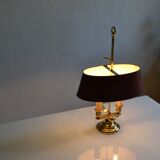 hot water bottle lamp with 2 bronze lights and burgundy sheet metal lampshade