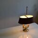 hot water bottle lamp with 2 bronze lights and burgundy sheet metal lampshade