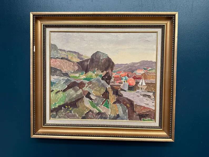 Original Swedish Oil on Canvas - 'The Dark Cliff' by Ellis Wallin - Signed - Dated 1962 - Vintage and Framed