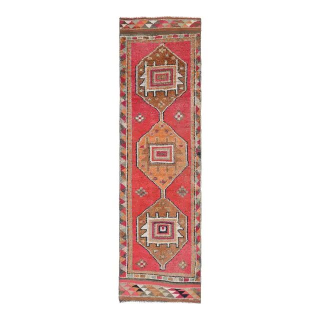 1970s Vintage Turkish Hand-Knotted Wool Cotton Pink Runner Rug