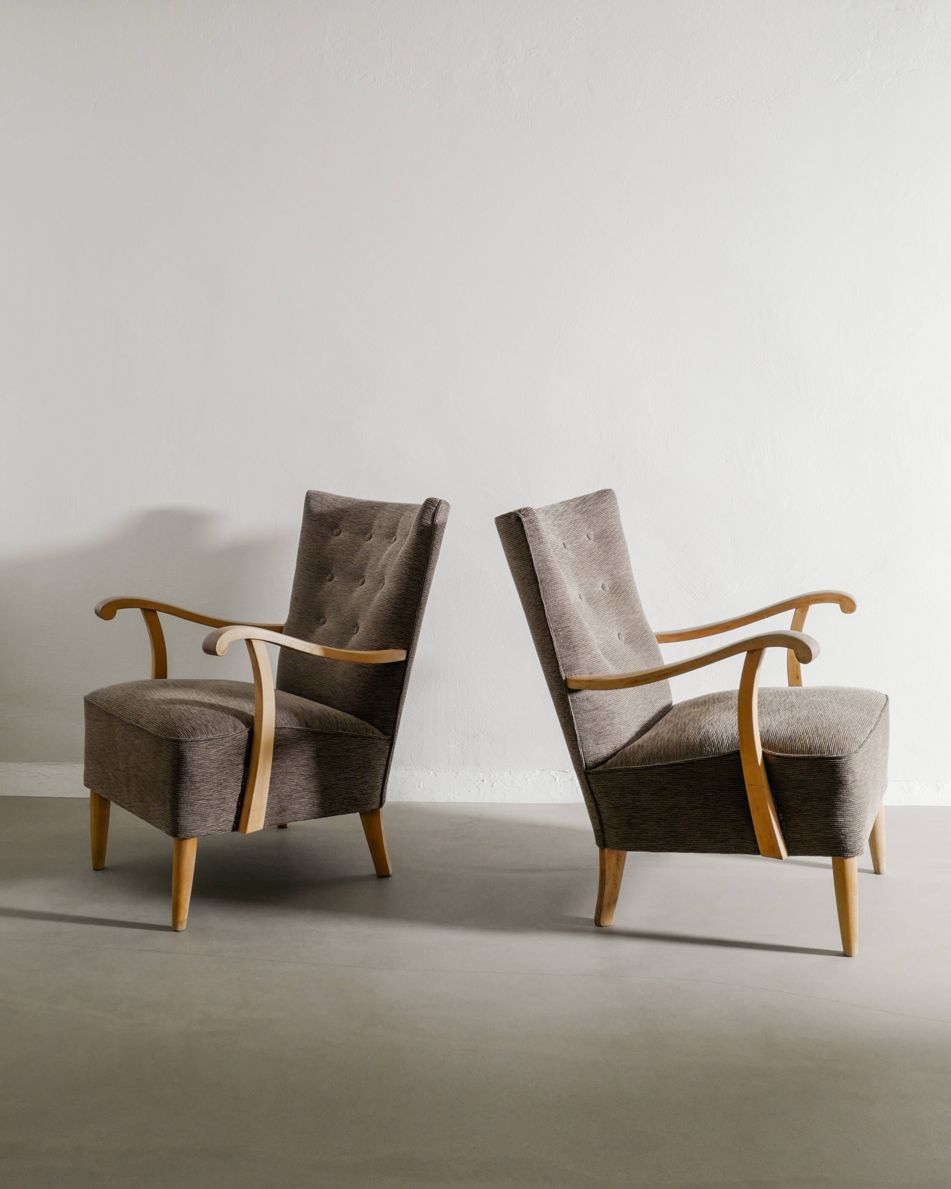 Vintage Swedish Mid Century Modern Wooden Grey Armchairs, 1940s