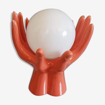 Salmon hands lamp with white opaline