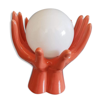 Salmon hands lamp with white opaline