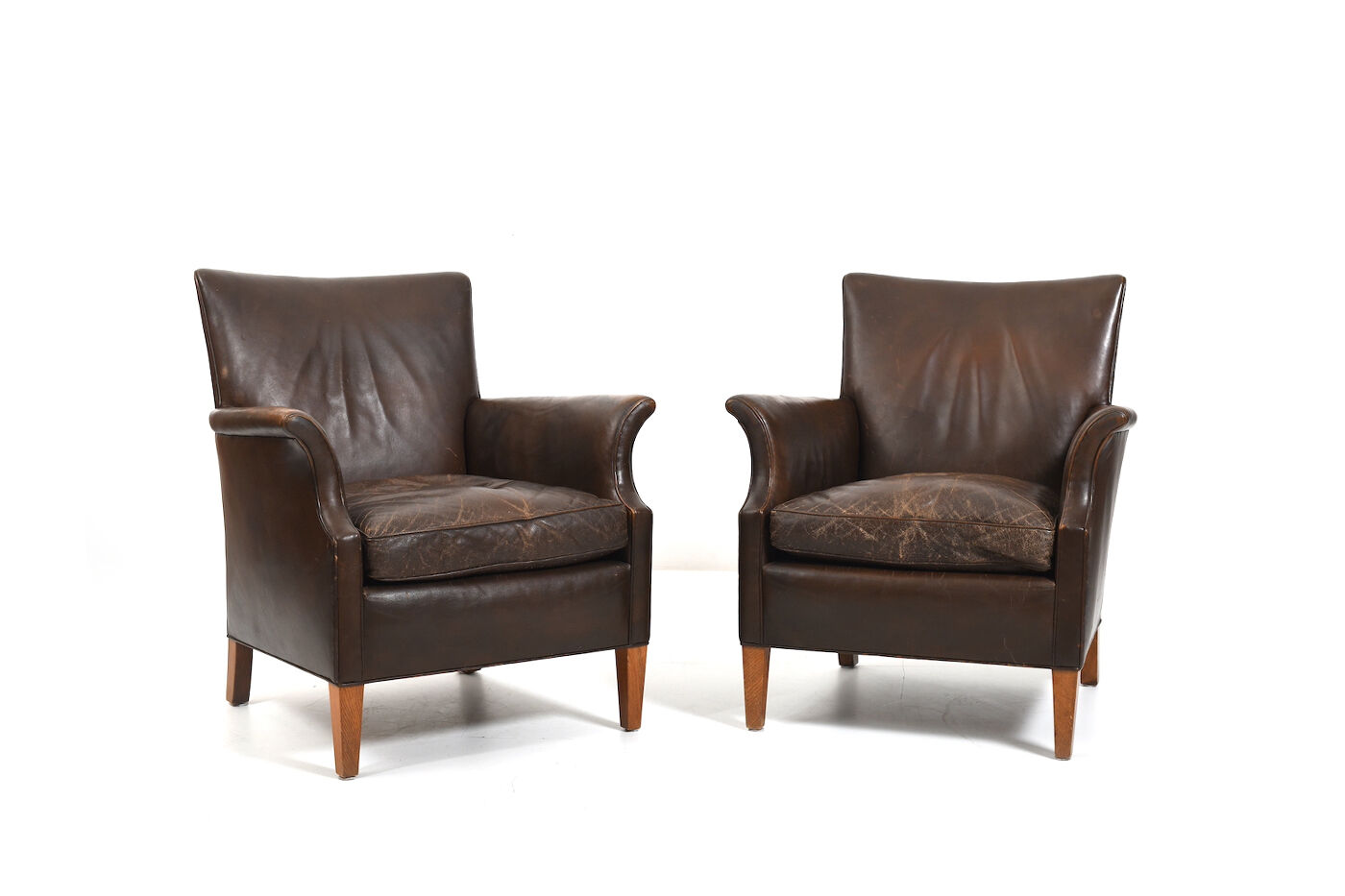 Pair of old Danish club chairs in patinated leather 1940s