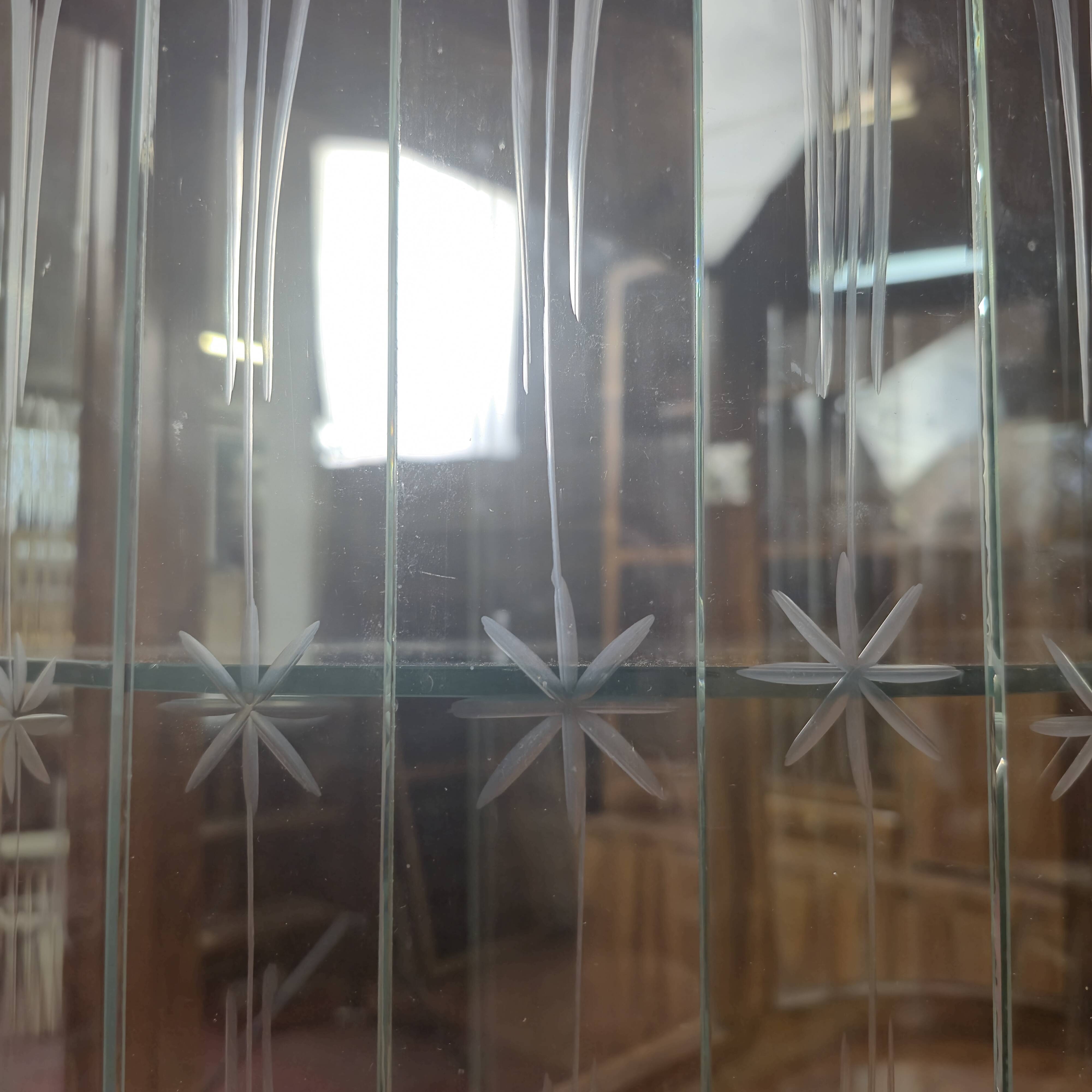 Restored Art Deco Walnut Display Cabinet with Engraved Glass Slats - 1930s