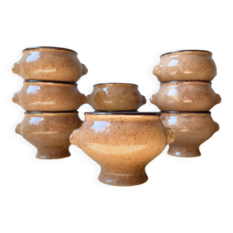 9 Vintage Emile Henry Speckled Beige Ceramic Lion Head Bowls Made in France
