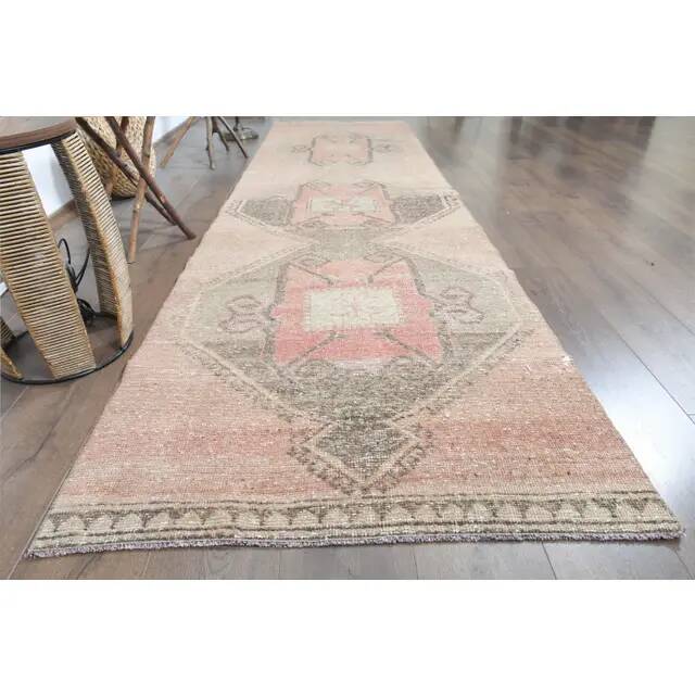 1970s Turkish Oushak Handmade Wool Cotton Orange Runner Rug 98x346