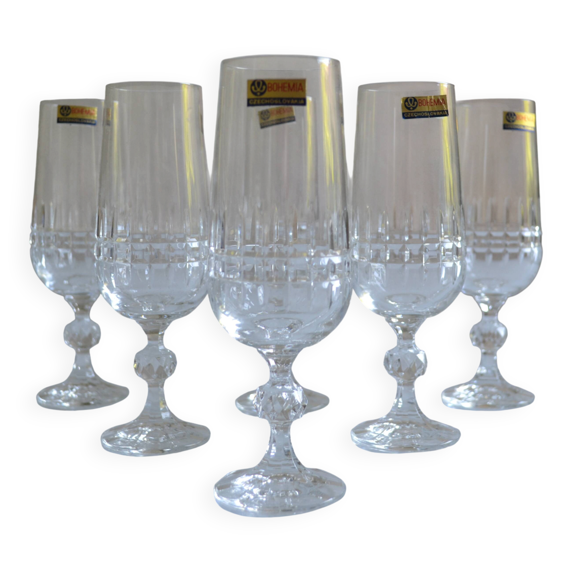 6 champagne flutes in Bohemian crystal Czechoslovakia