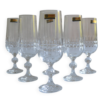 6 flutes à champagne en cristal de Bohème Tchécoslovaquie