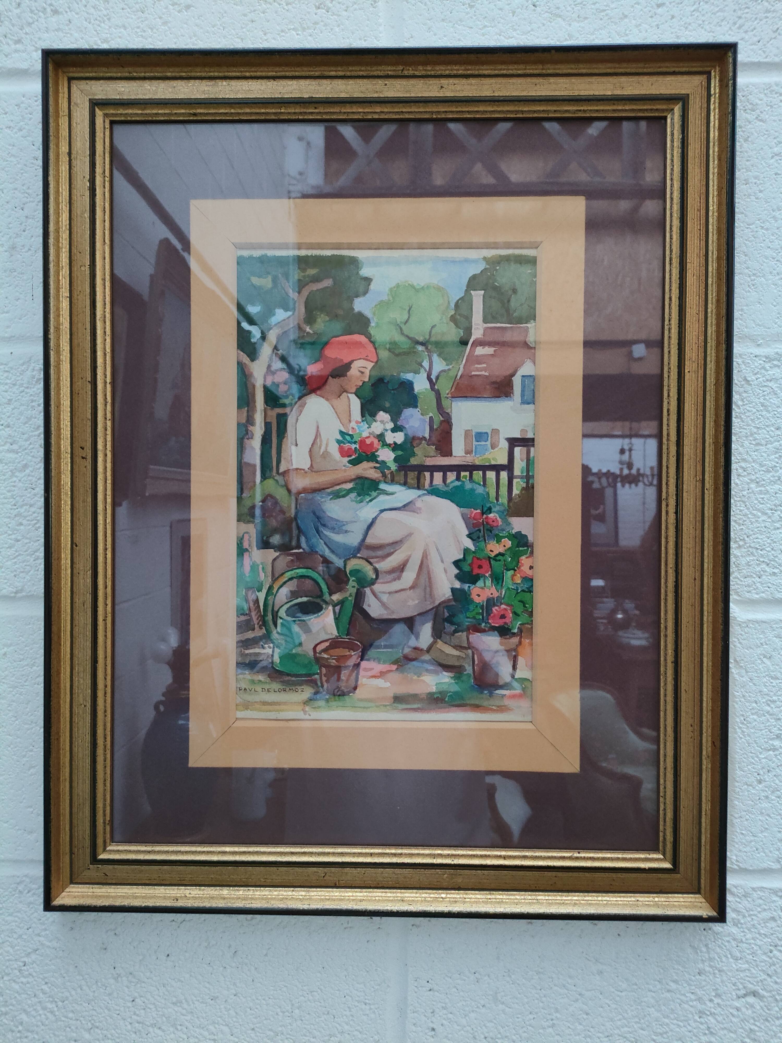 Original watercolour signed by Paul Delormoz (1895-1980) – Woman in the garden – In